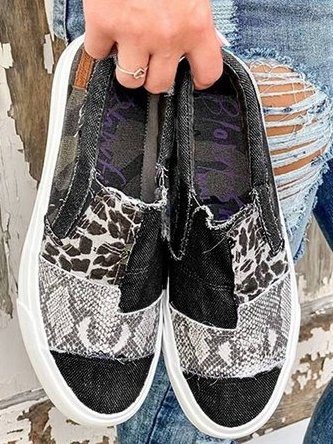 Women's Slip-On Trainers – Animal Print Patchwork, Comfy Everyday Shoes