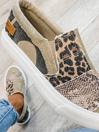 Women's Slip-On Trainers – Animal Print Patchwork, Comfy Everyday Shoes