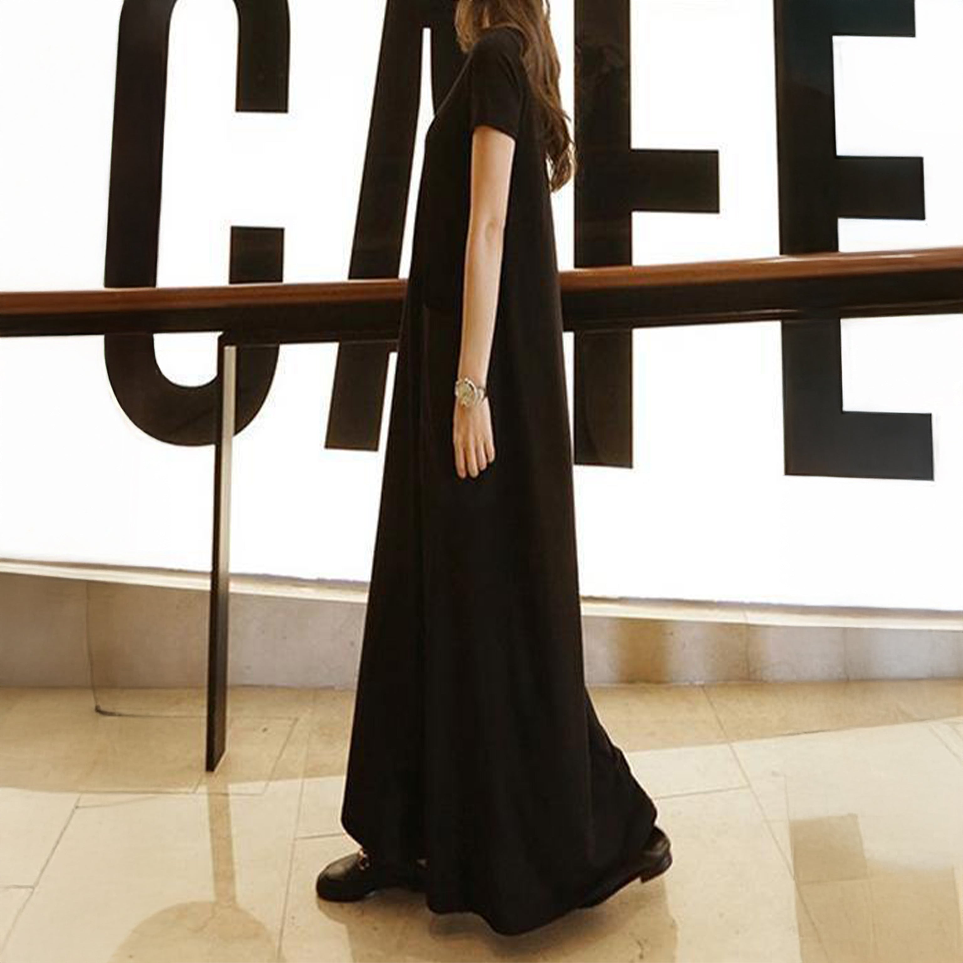 Bohemian Cotton Maxi Dress – Black O-Neck Tunic with Pockets