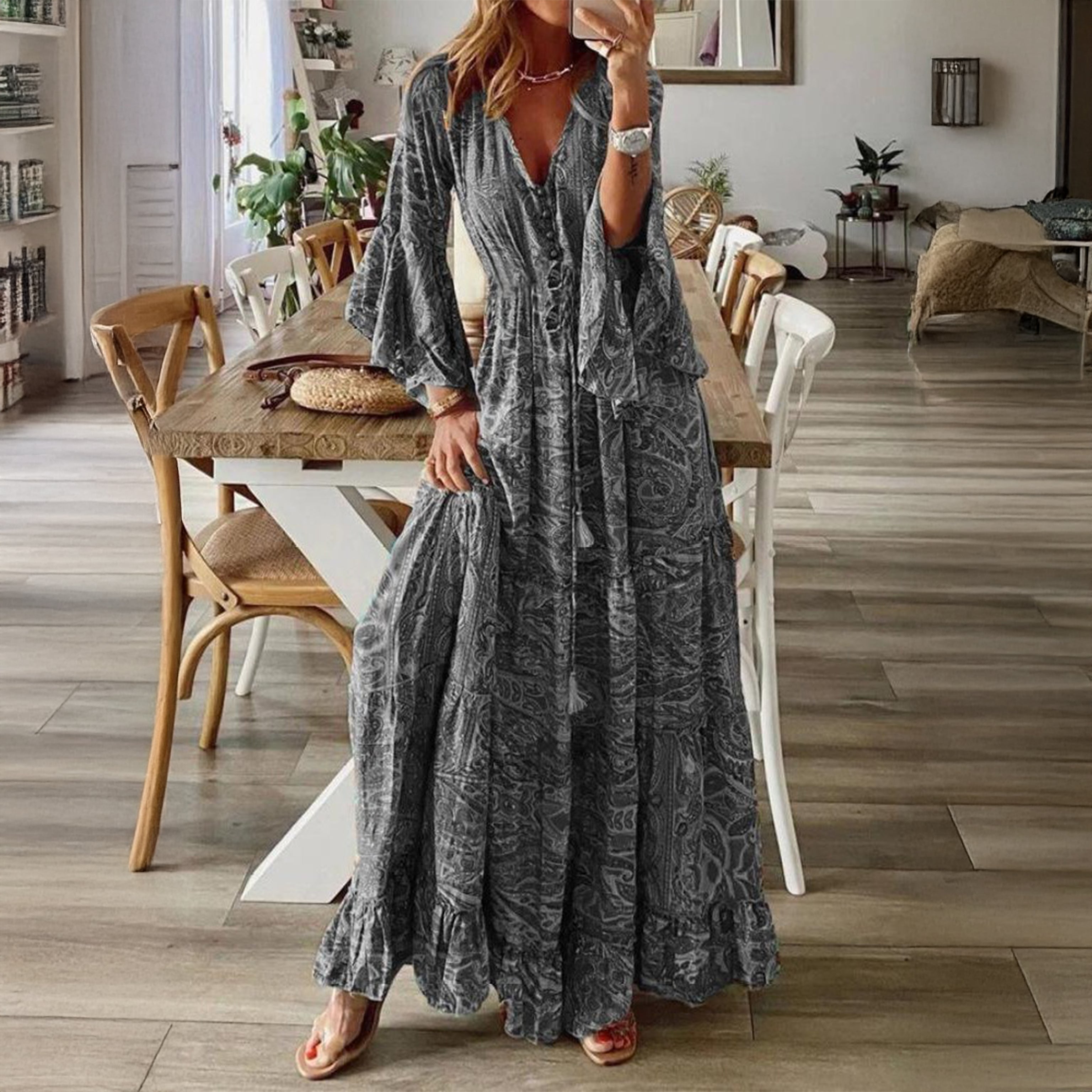 Boho Print V-Neck Tiered Maxi Dress with Bell Sleeves