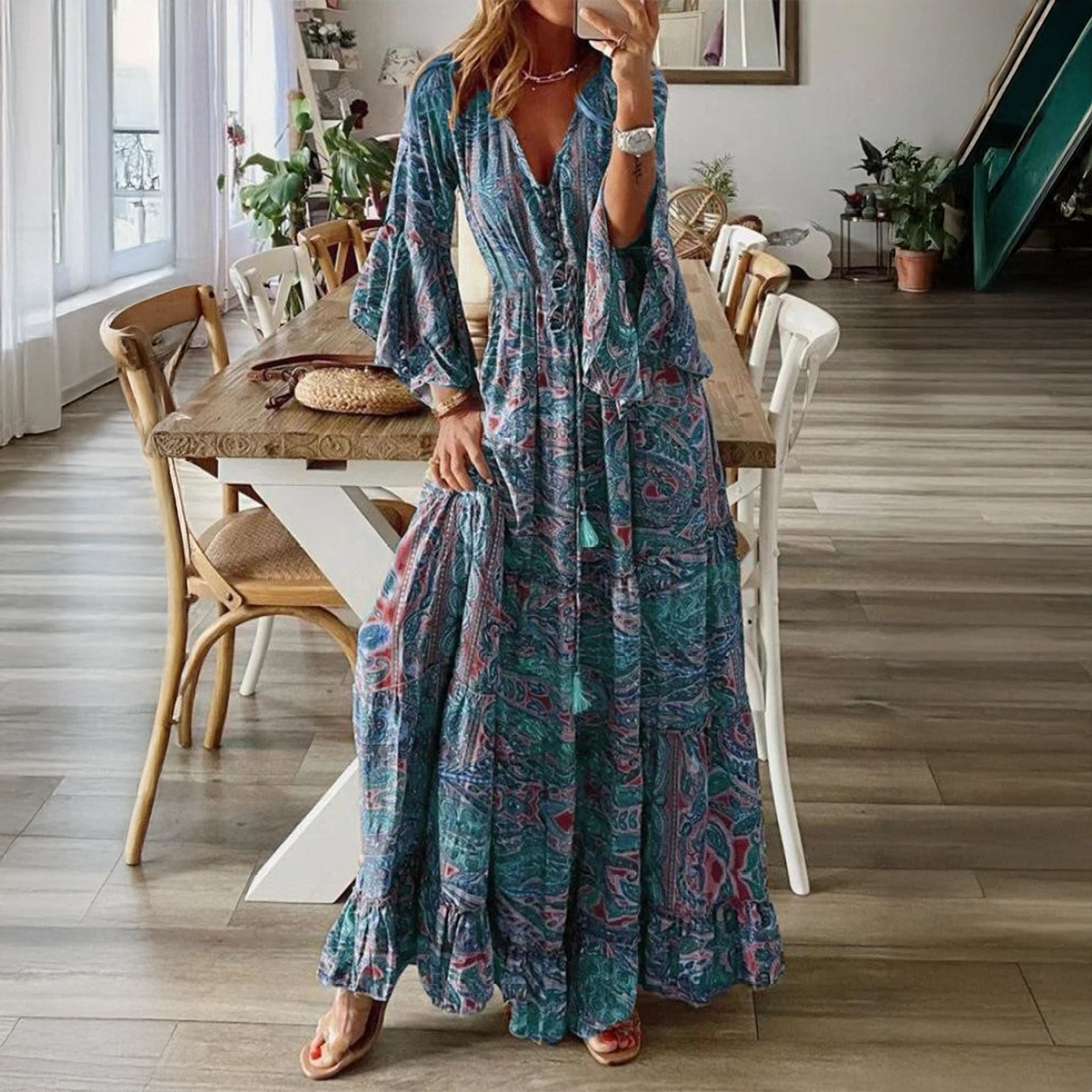 Boho Print V-Neck Tiered Maxi Dress with Bell Sleeves
