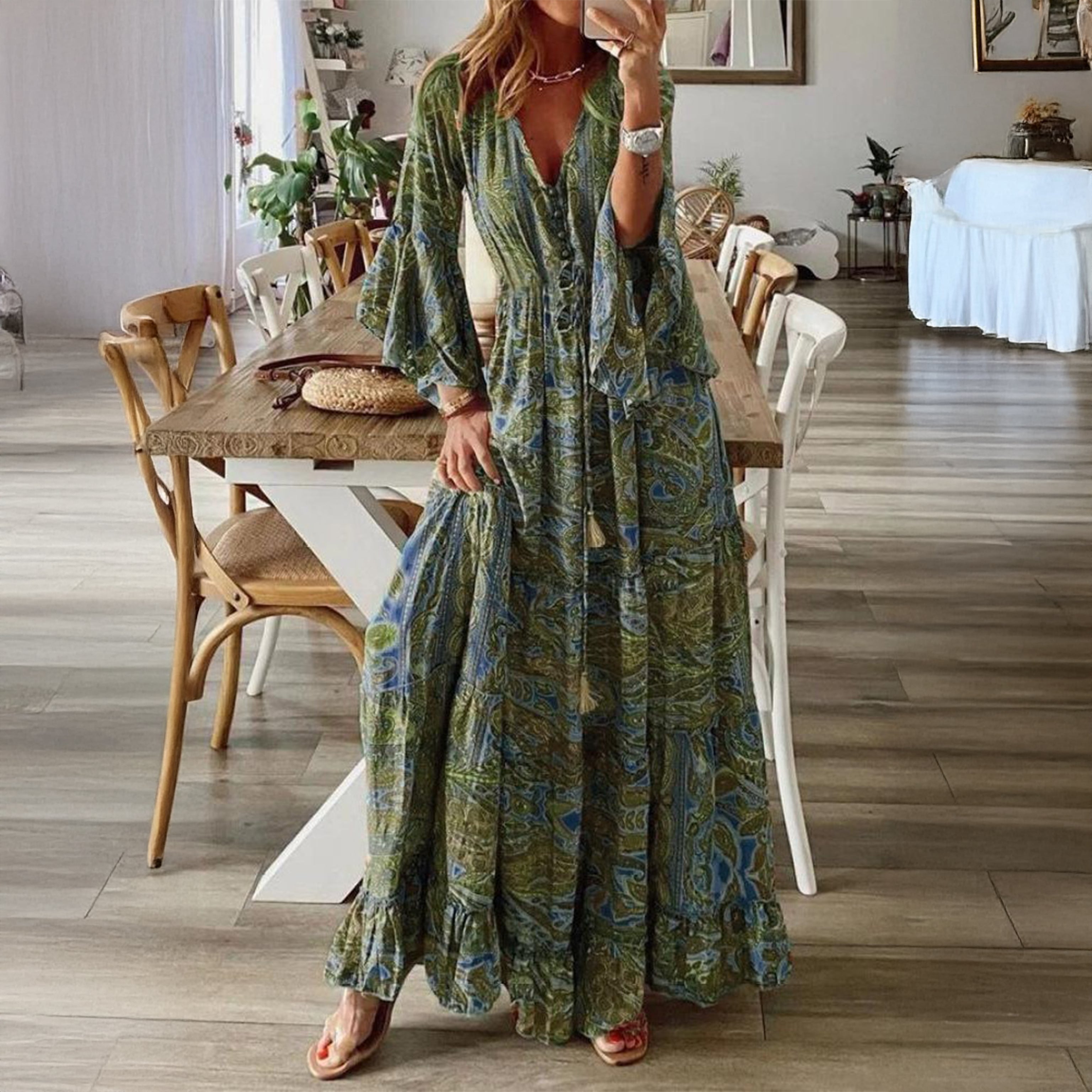 Boho Print V-Neck Tiered Maxi Dress with Bell Sleeves