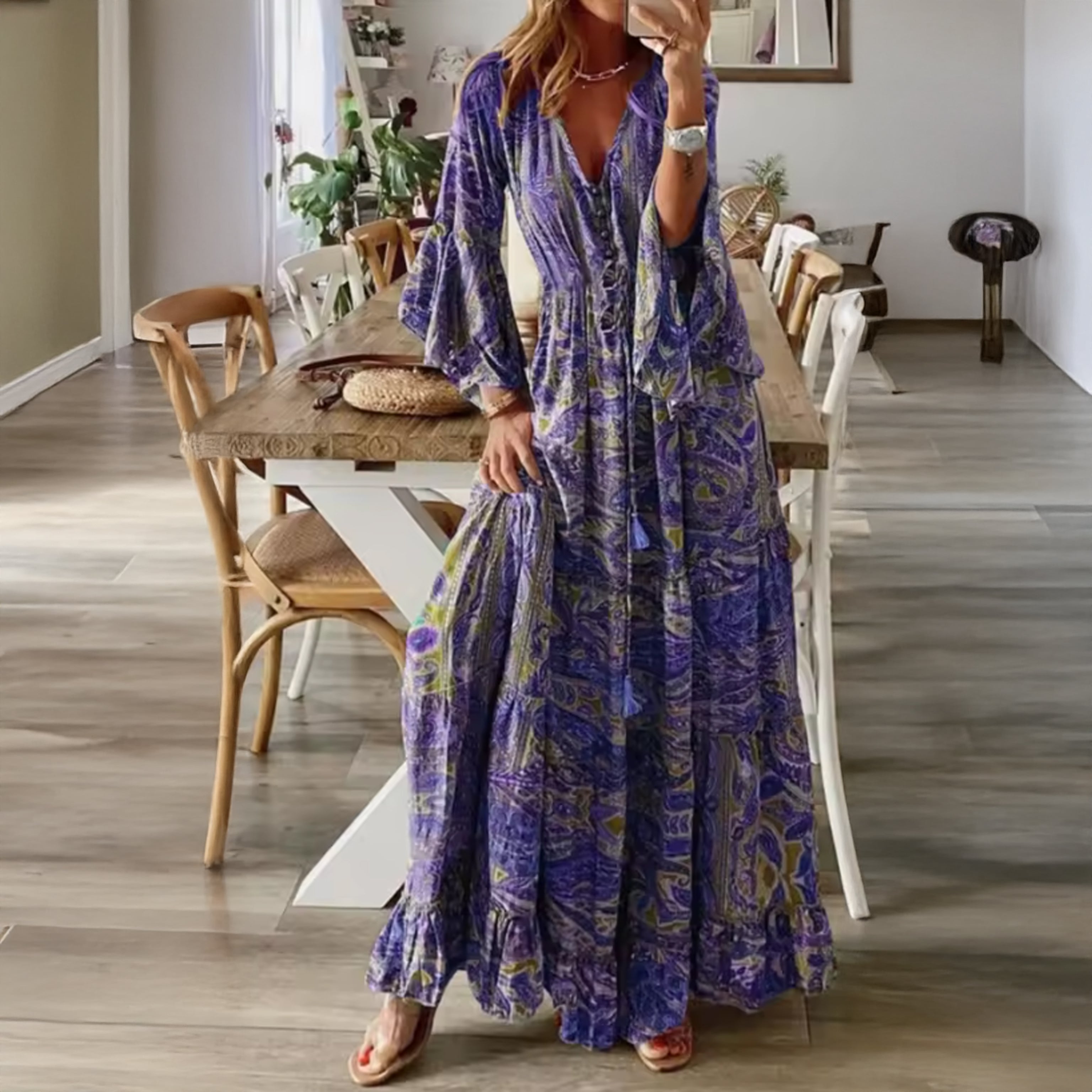 Boho Print V-Neck Tiered Maxi Dress with Bell Sleeves