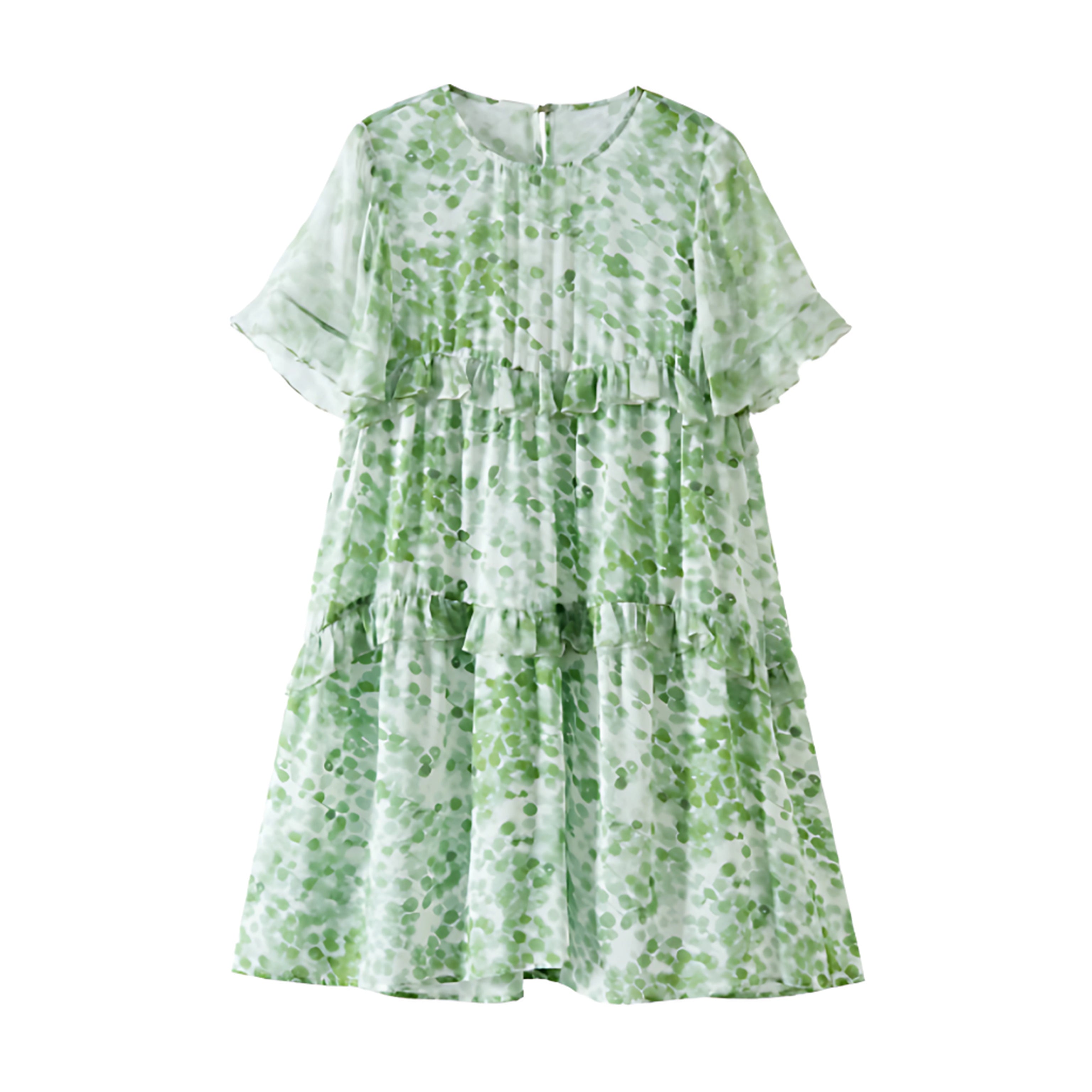 Green Dotted Ruffle Tiered Dress with Sheer Sleeves
