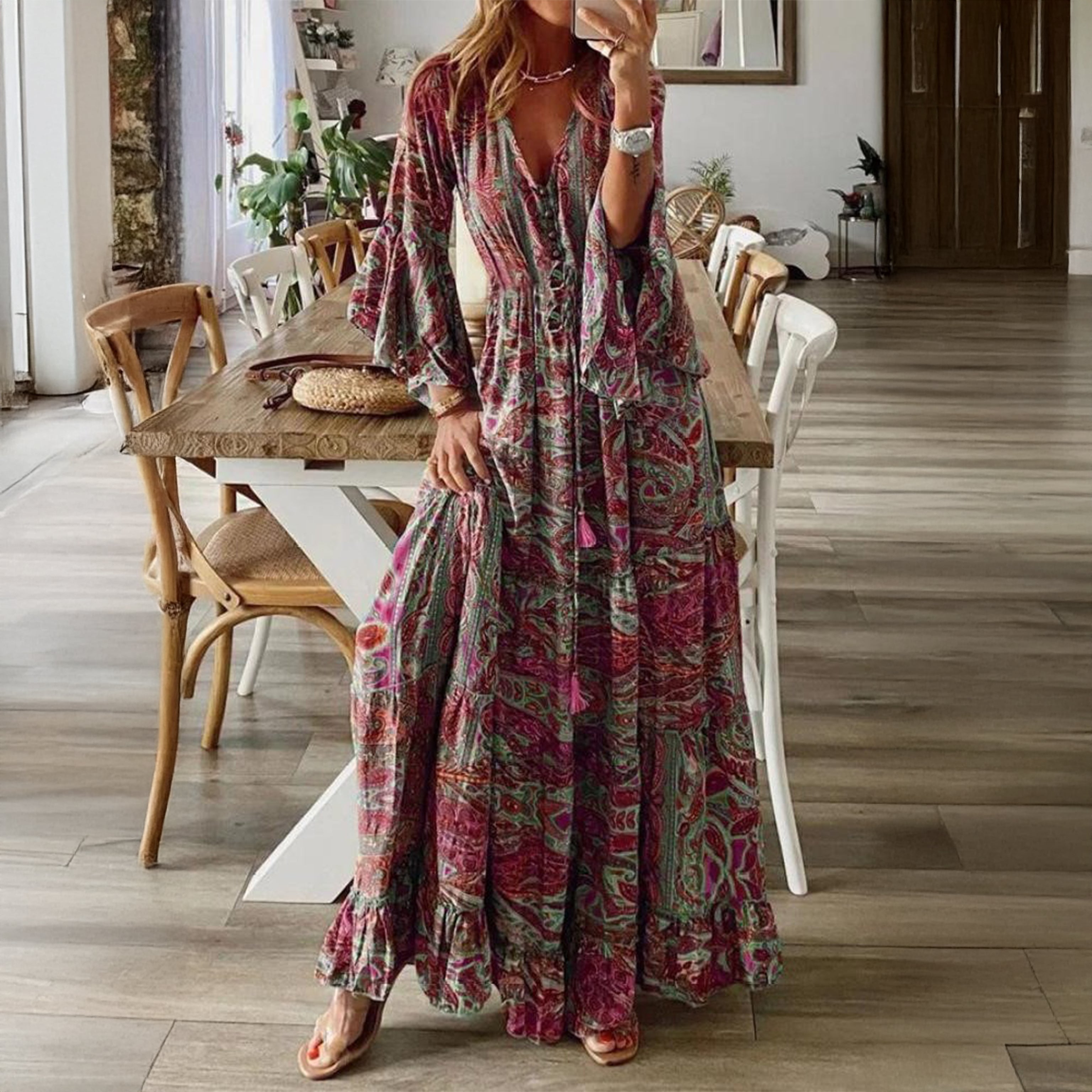 Boho Print V-Neck Tiered Maxi Dress with Bell Sleeves