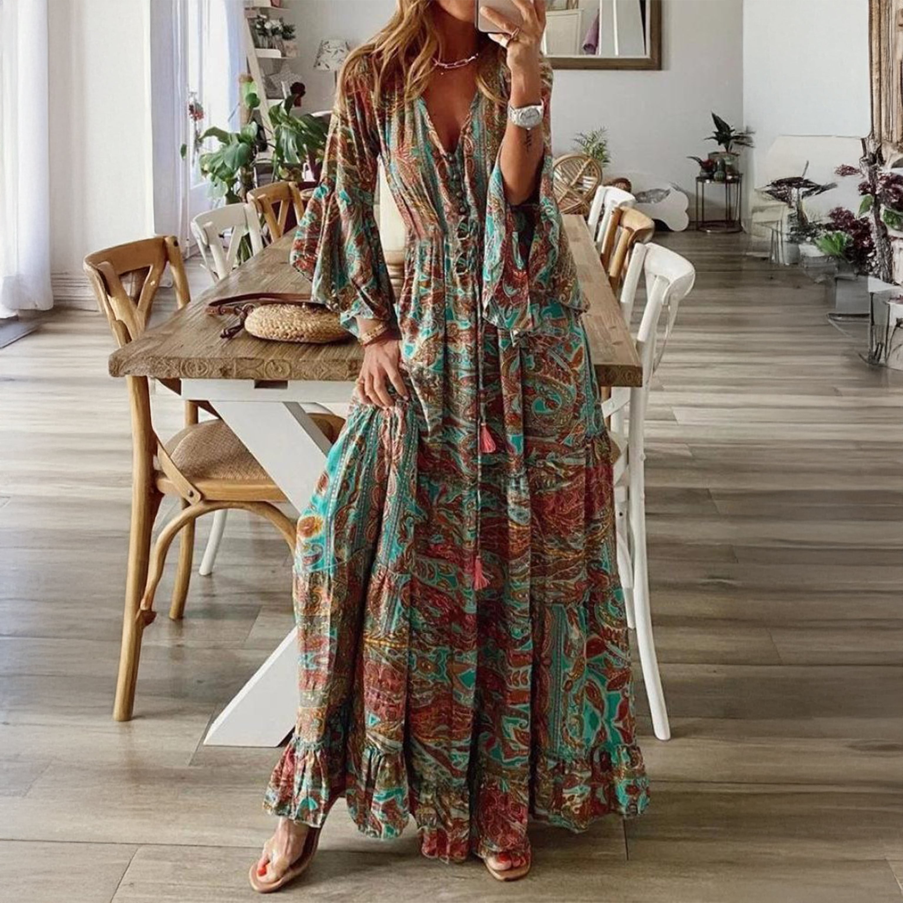 Boho Print V-Neck Tiered Maxi Dress with Bell Sleeves