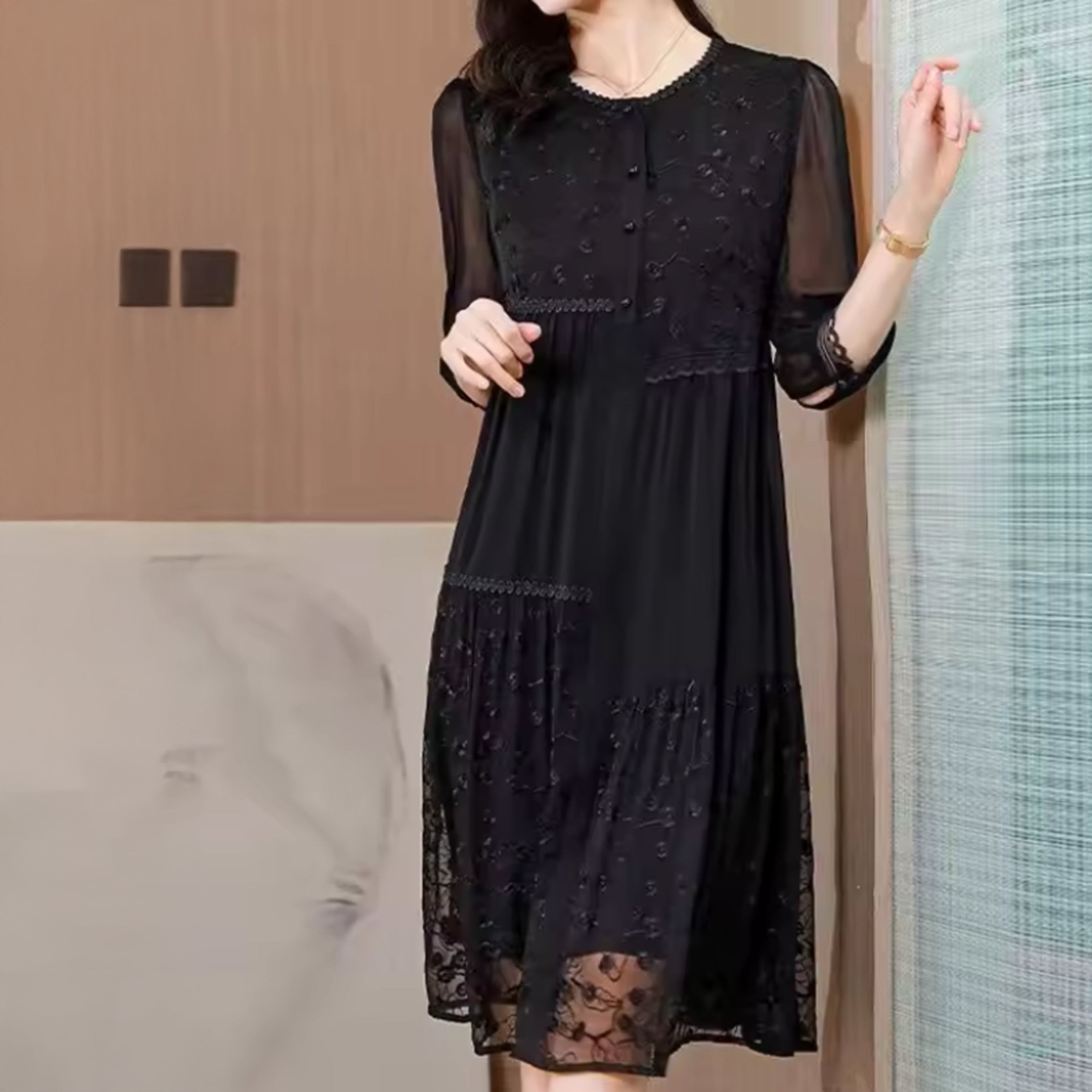French Tulle Patchwork Chiffon Midi Dress