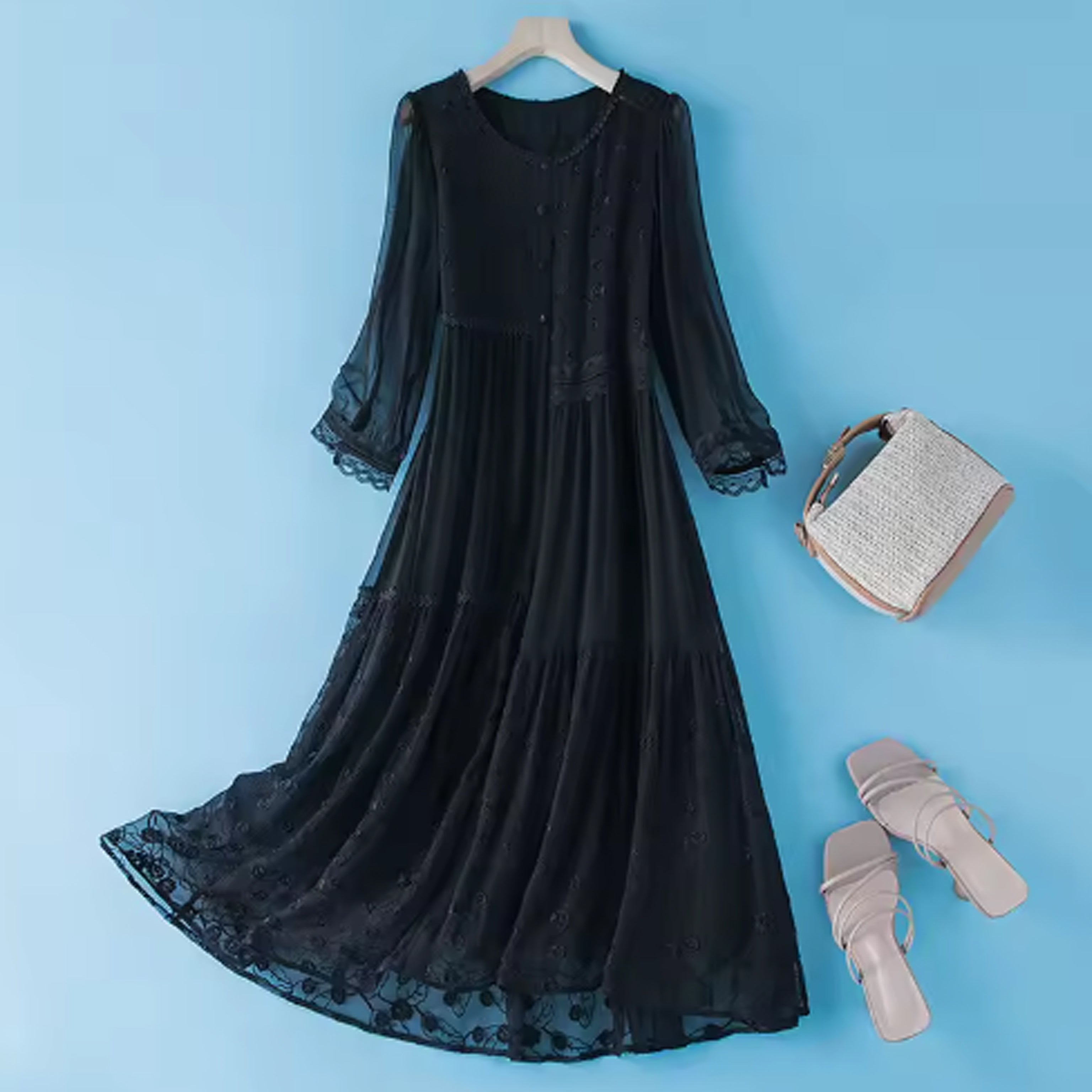 French Tulle Patchwork Chiffon Midi Dress