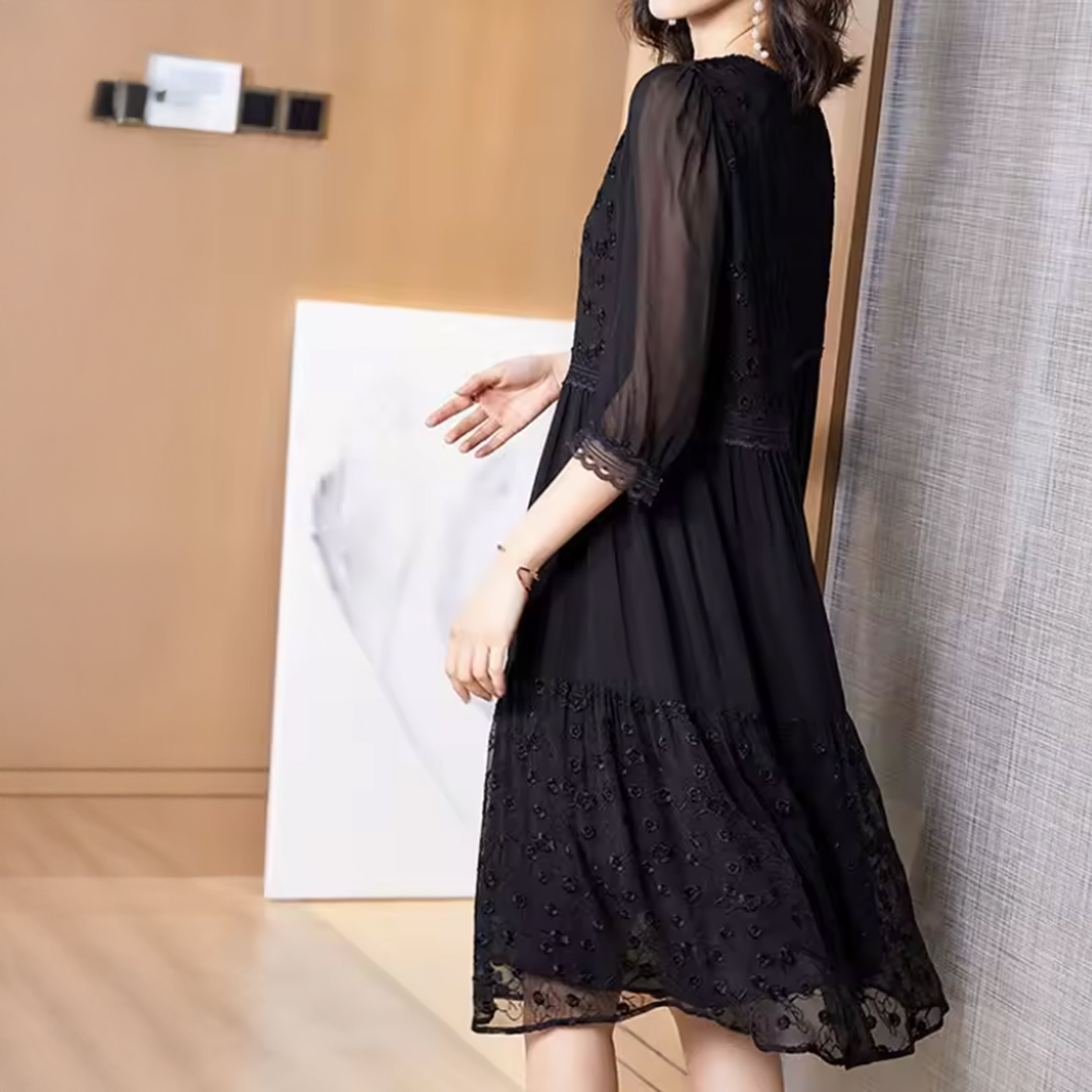 French Tulle Patchwork Chiffon Midi Dress