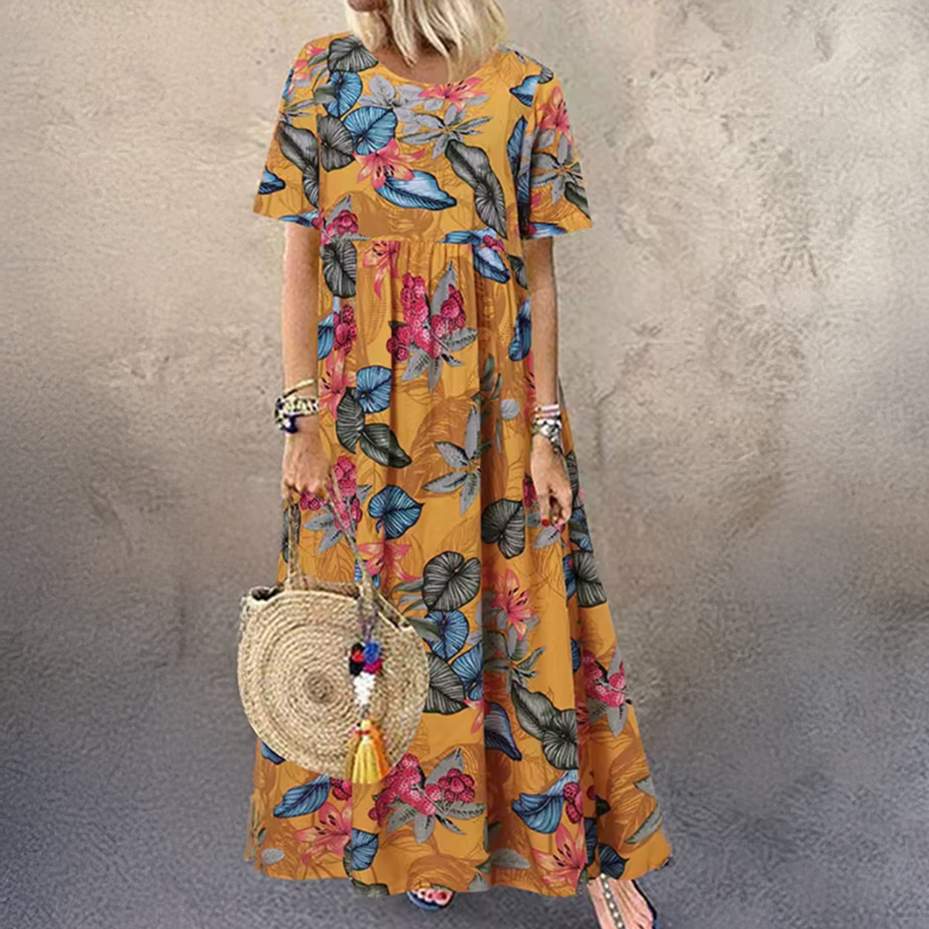 Floral Print Cotton Maxi Dress – Short Sleeve