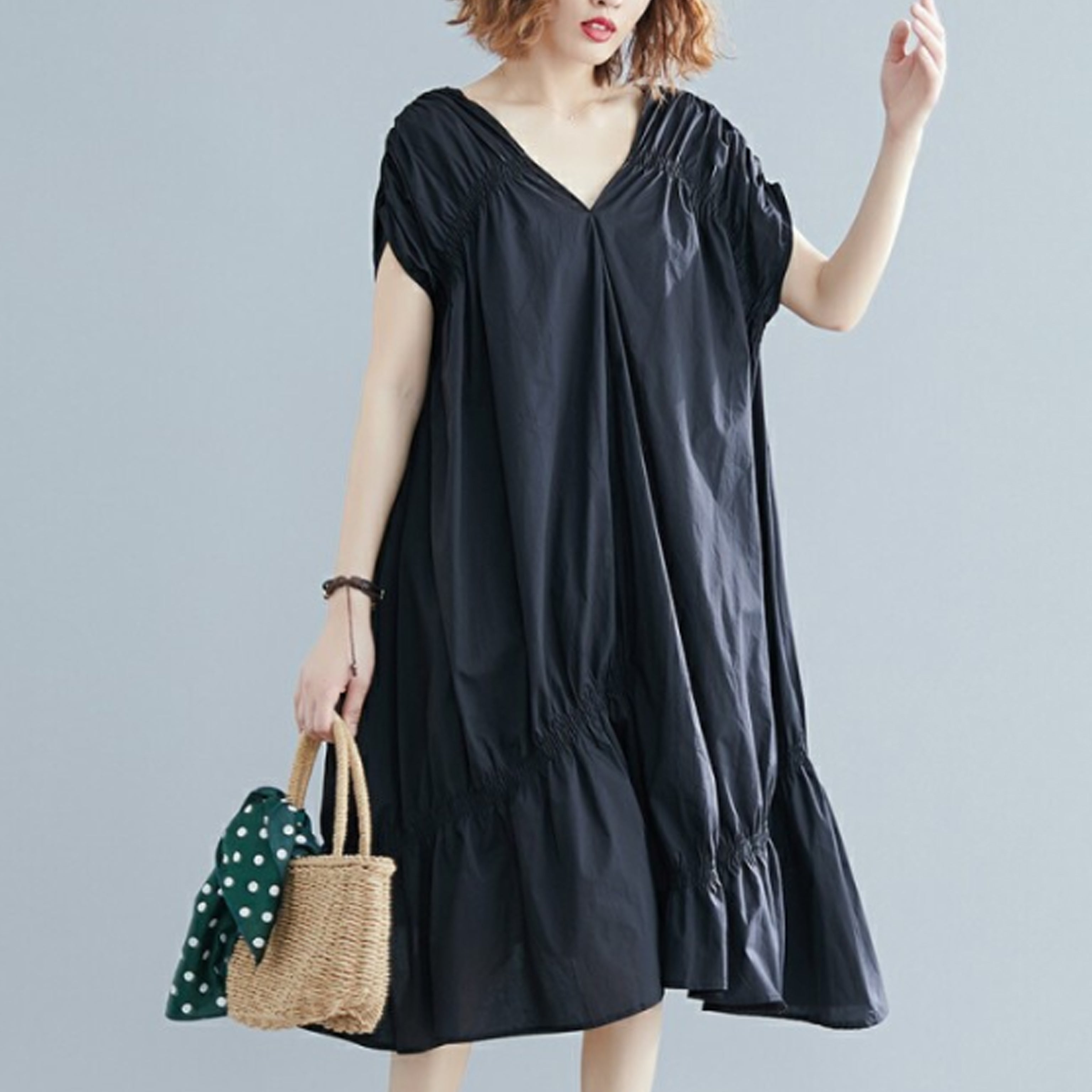 Black V-Neck Cinched Cotton Dress – Short Sleeve, Relaxed Shape