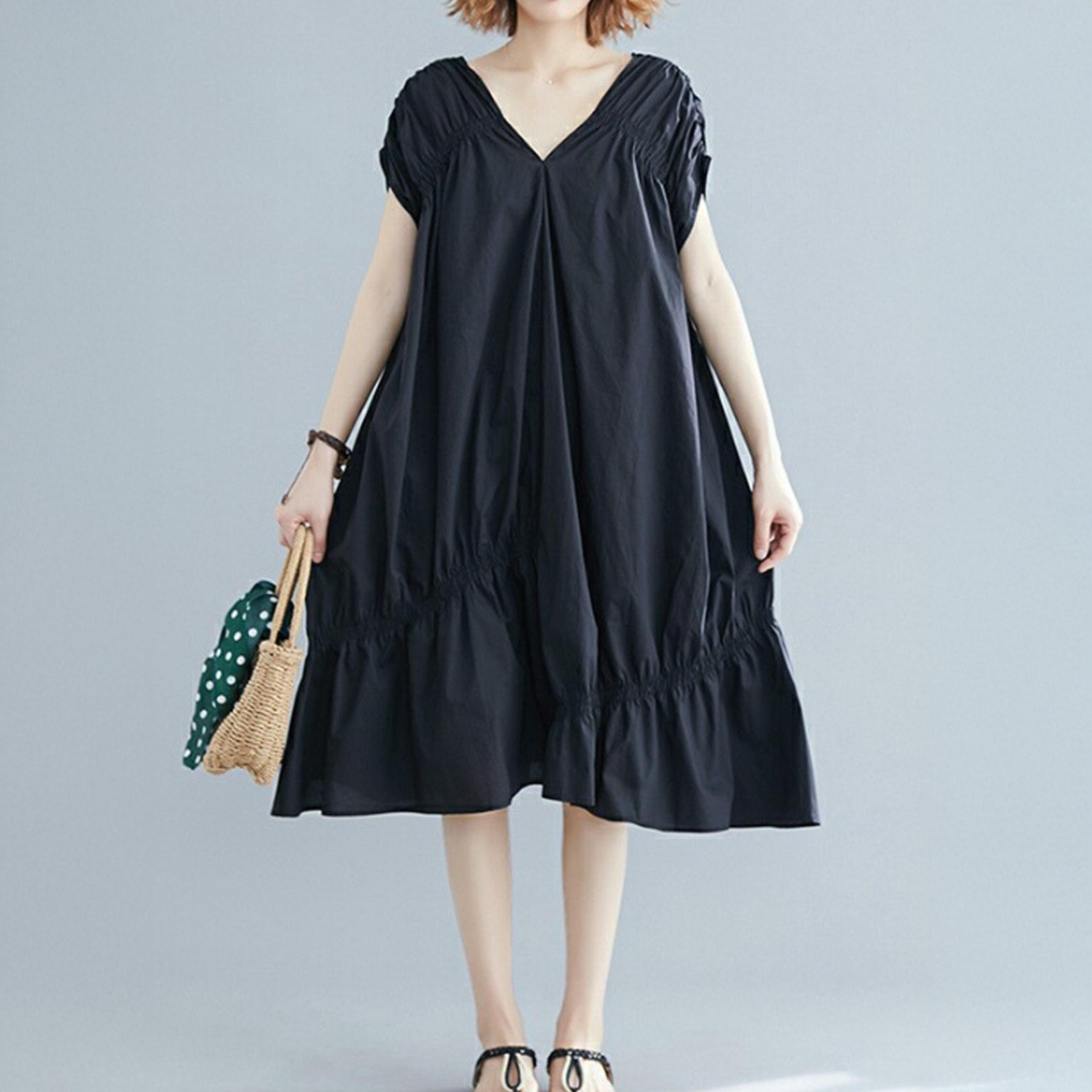 Black V-Neck Cinched Cotton Dress – Short Sleeve, Relaxed Shape
