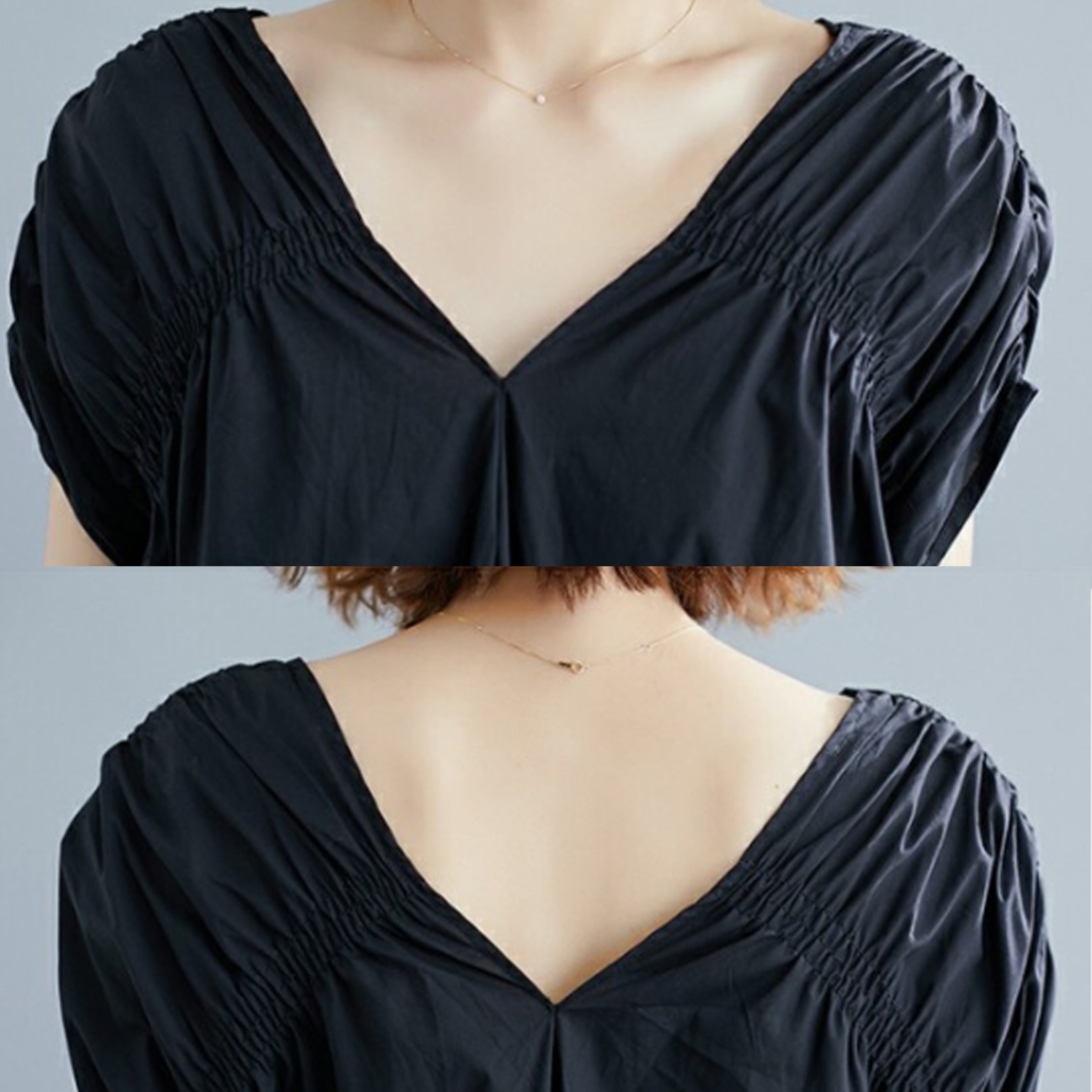 Black V-Neck Cinched Cotton Dress – Short Sleeve, Relaxed Shape