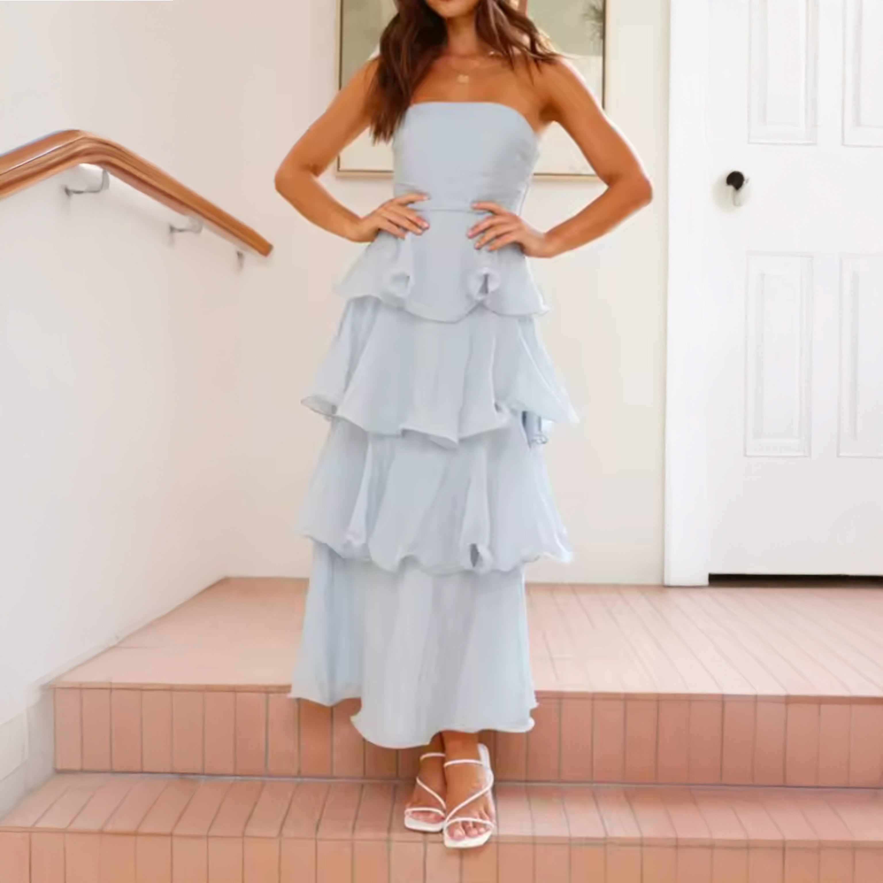 Strapless Tiered Ruffle Maxi Dress in Soft Pastel Shades
