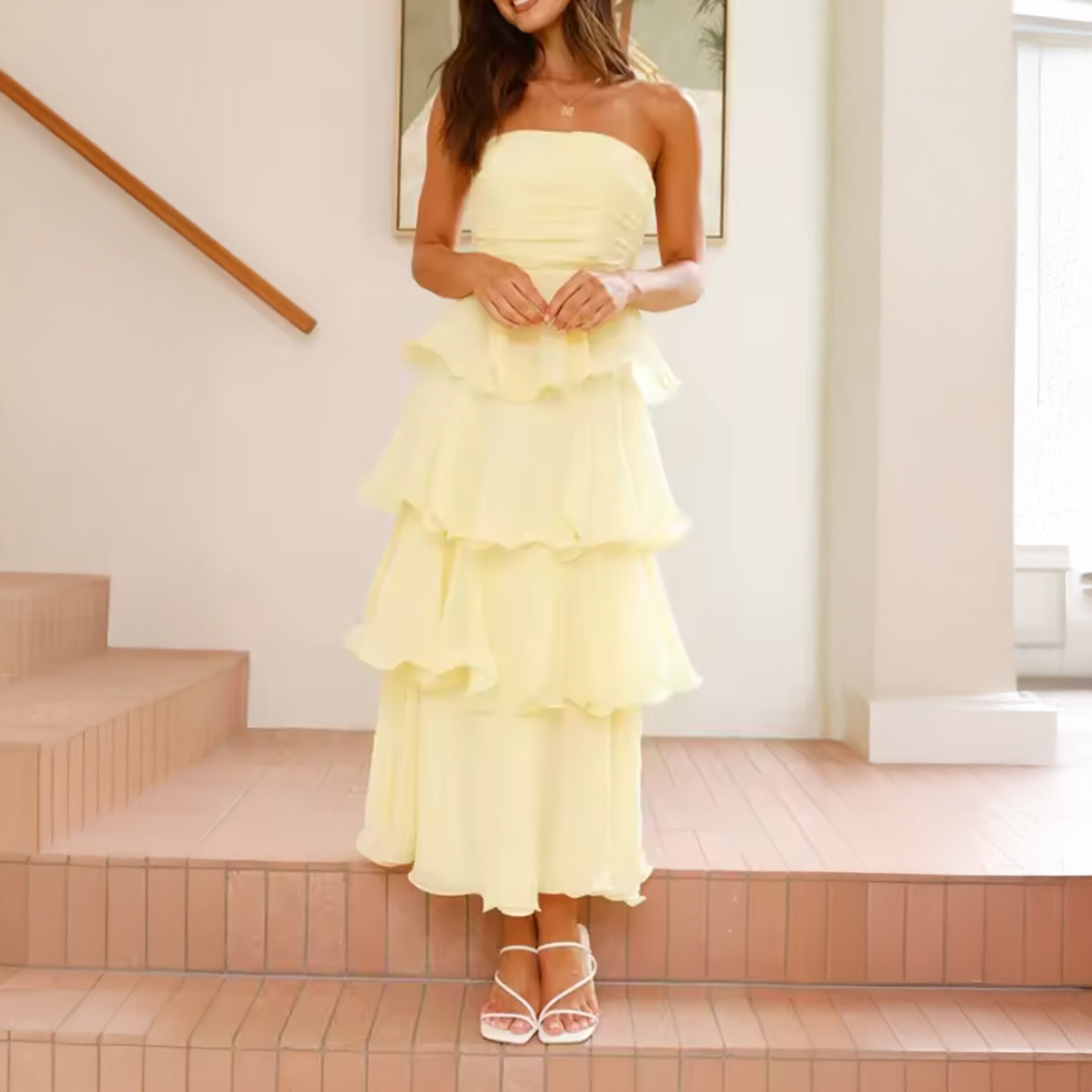 Strapless Tiered Ruffle Maxi Dress in Soft Pastel Shades