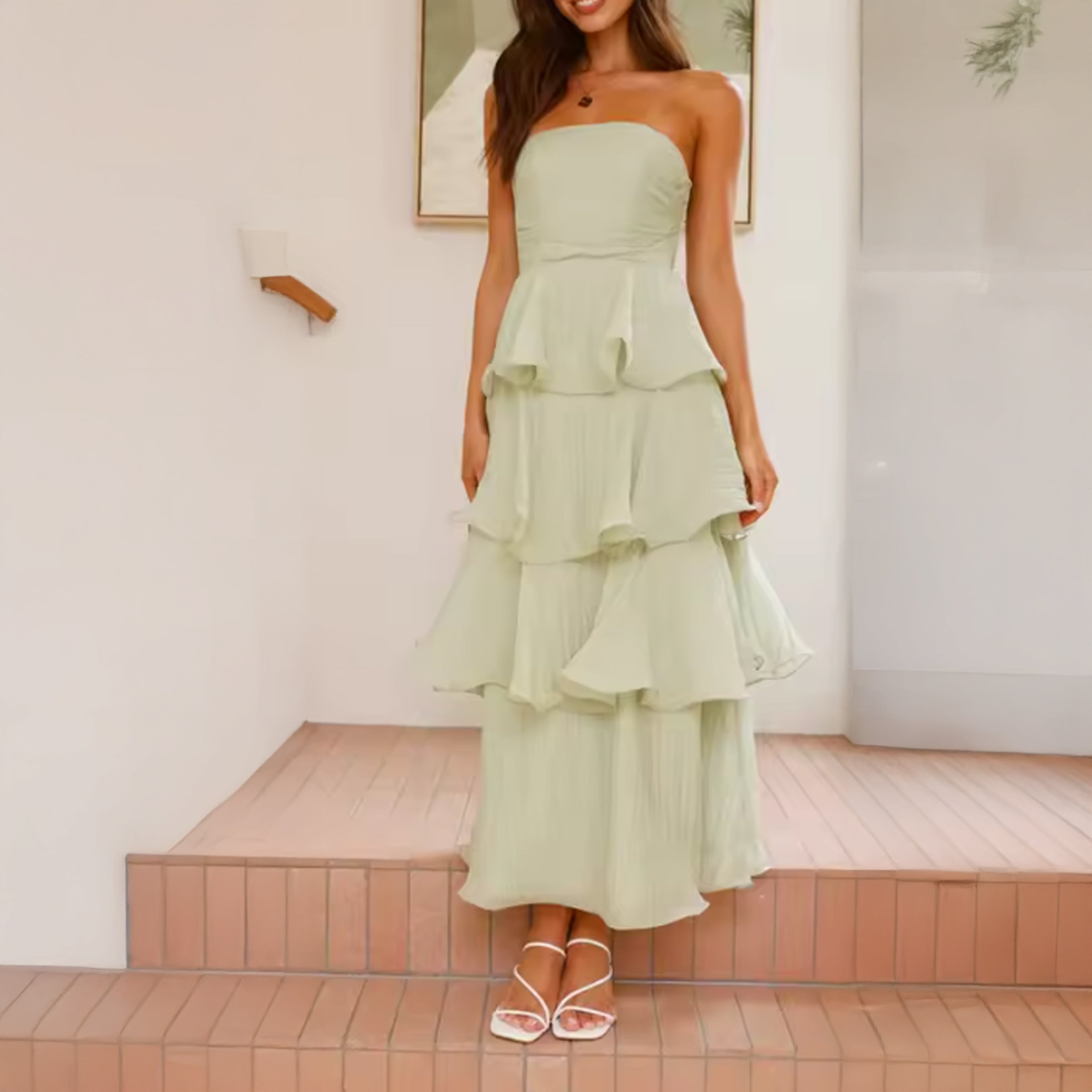 Strapless Tiered Ruffle Maxi Dress in Soft Pastel Shades
