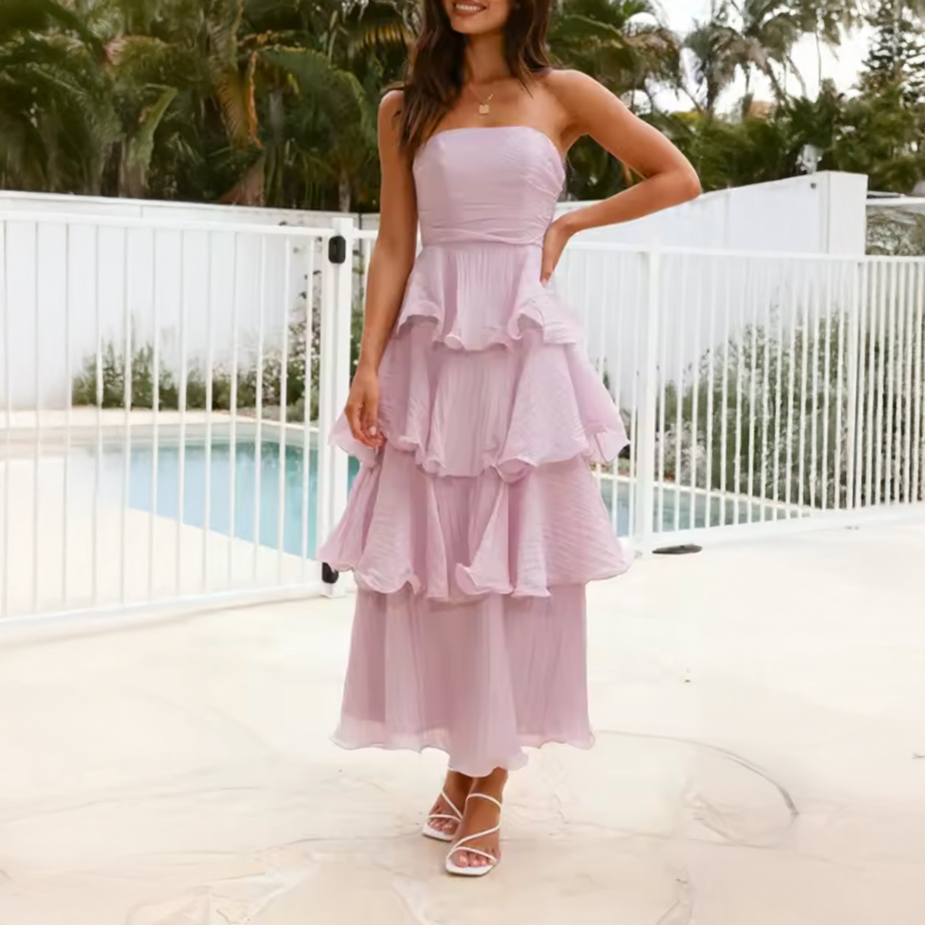 Strapless Tiered Ruffle Maxi Dress in Soft Pastel Shades