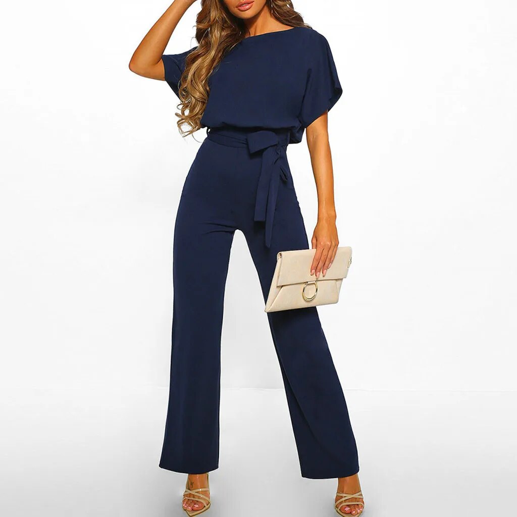 Elegant Belted Jumpsuit – Short Sleeve One-Piece for Work & Events
