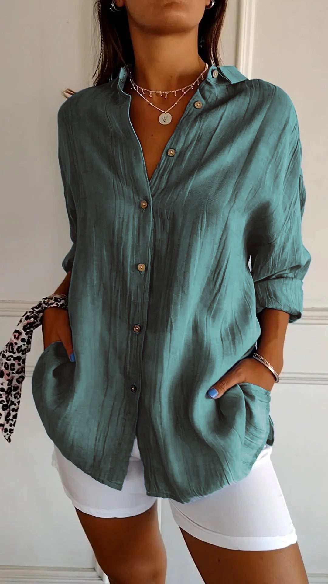 Women's Shirt – Linen-Look Button-Up, Oversized Casual Blouse