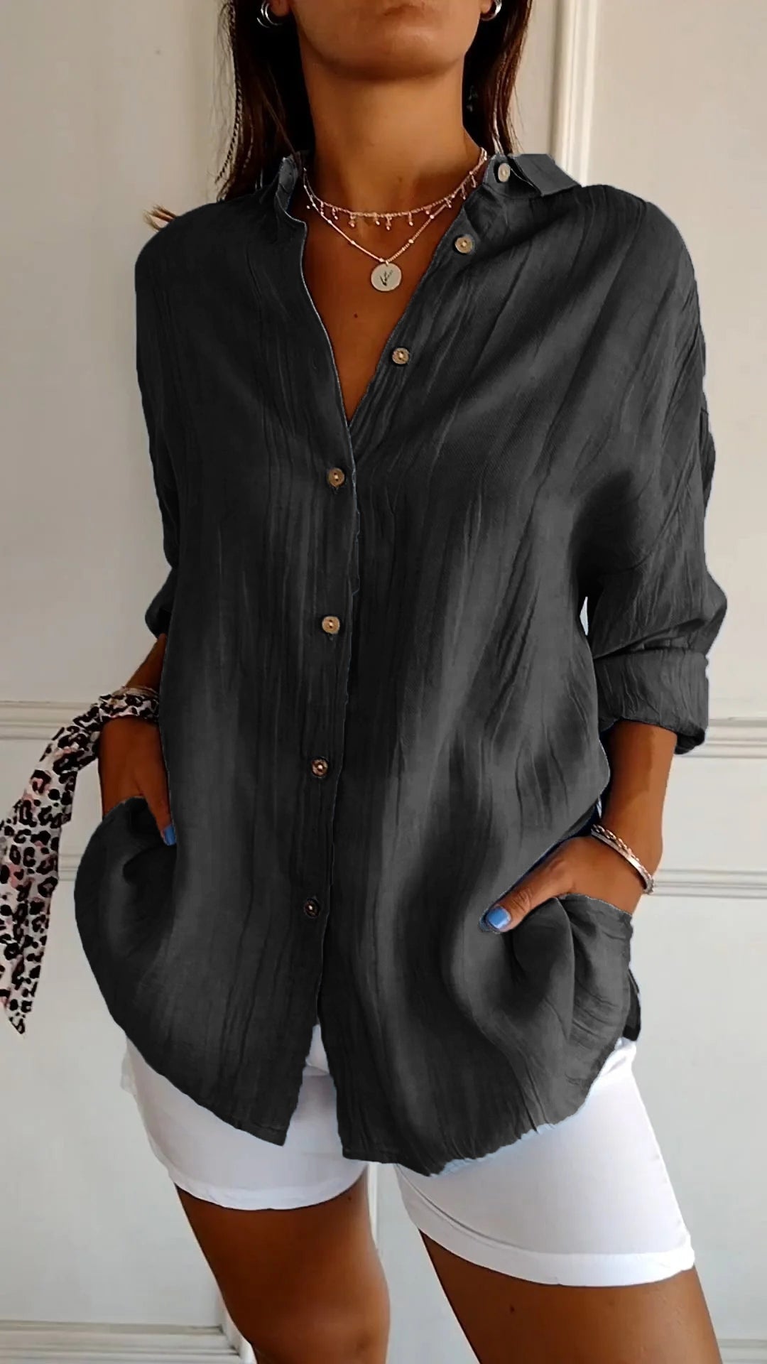 Women's Shirt – Linen-Look Button-Up, Oversized Casual Blouse