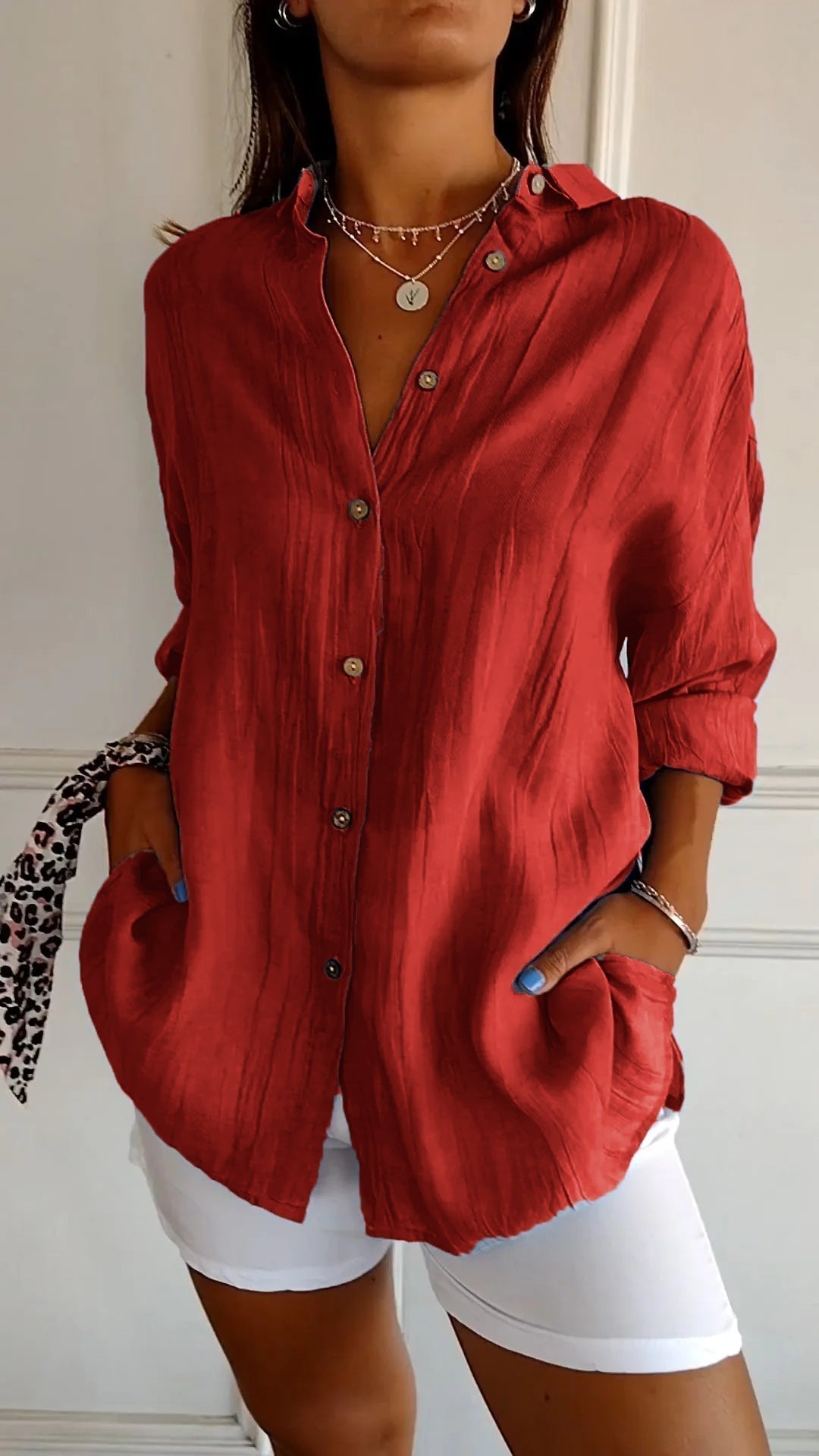 Women's Shirt – Linen-Look Button-Up, Oversized Casual Blouse