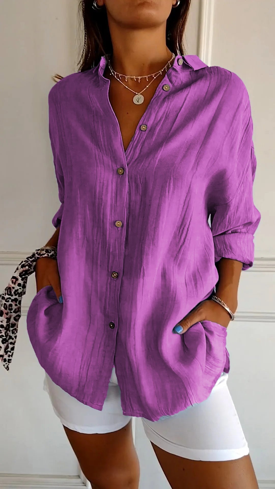 Women's Shirt – Linen-Look Button-Up, Oversized Casual Blouse