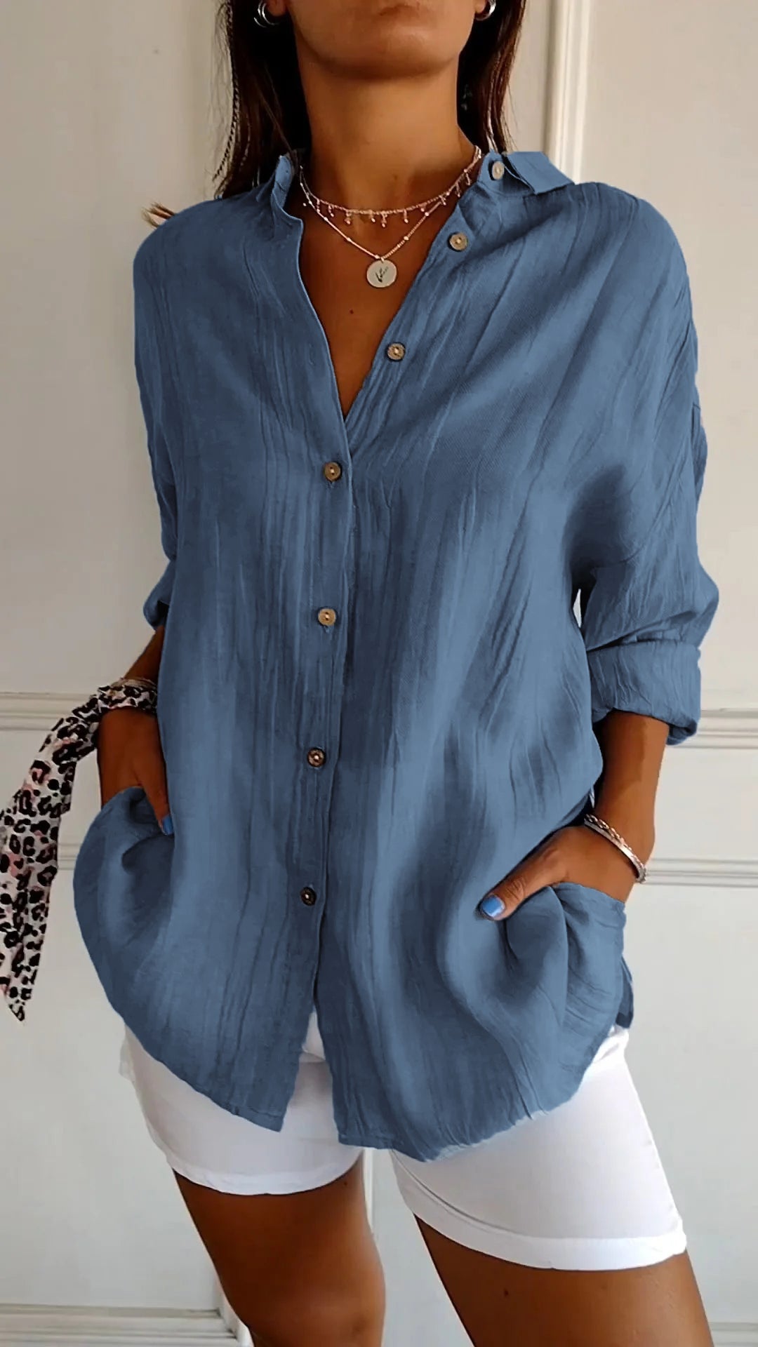 Women's Shirt – Linen-Look Button-Up, Oversized Casual Blouse
