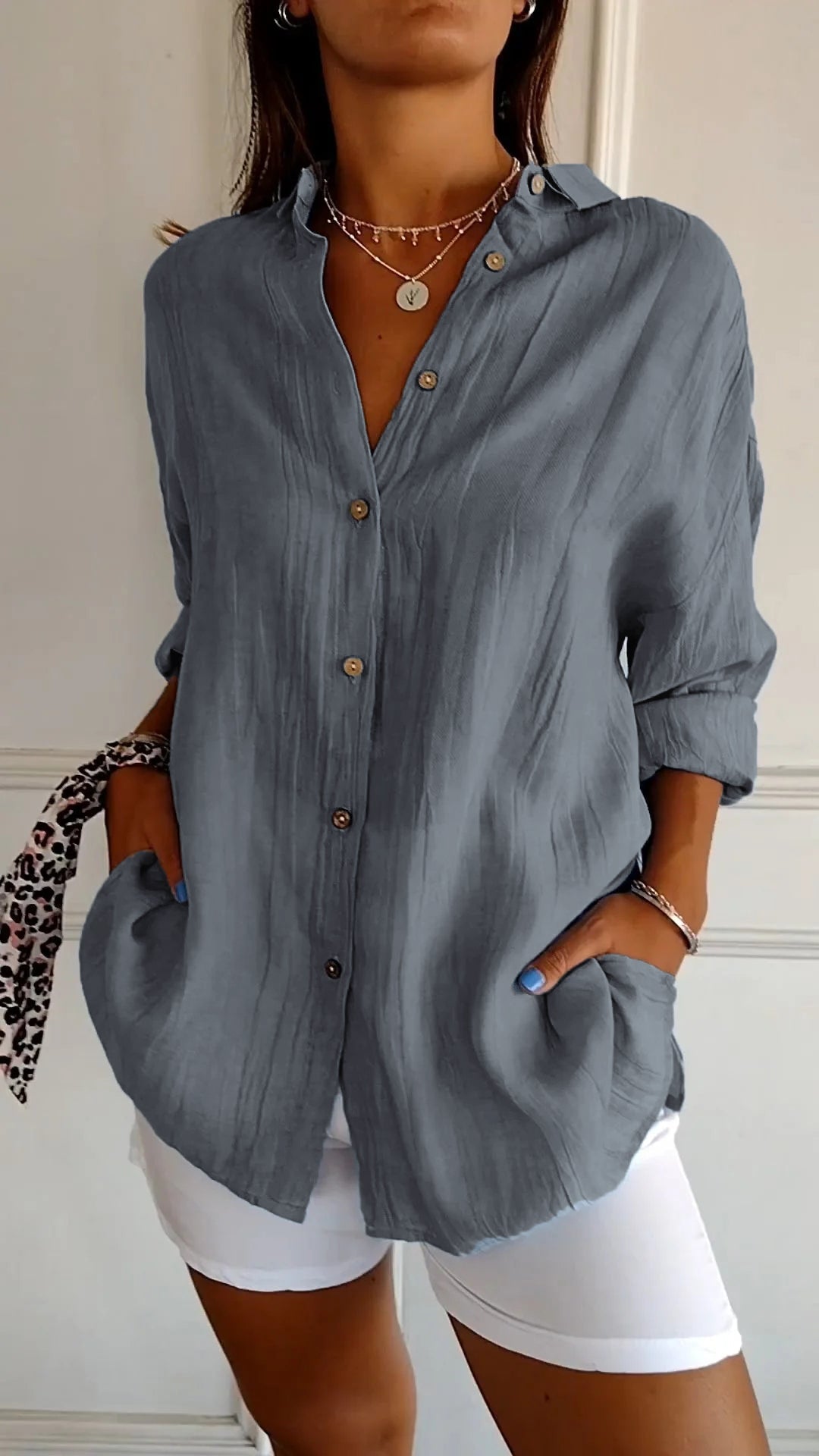 Women's Shirt – Linen-Look Button-Up, Oversized Casual Blouse