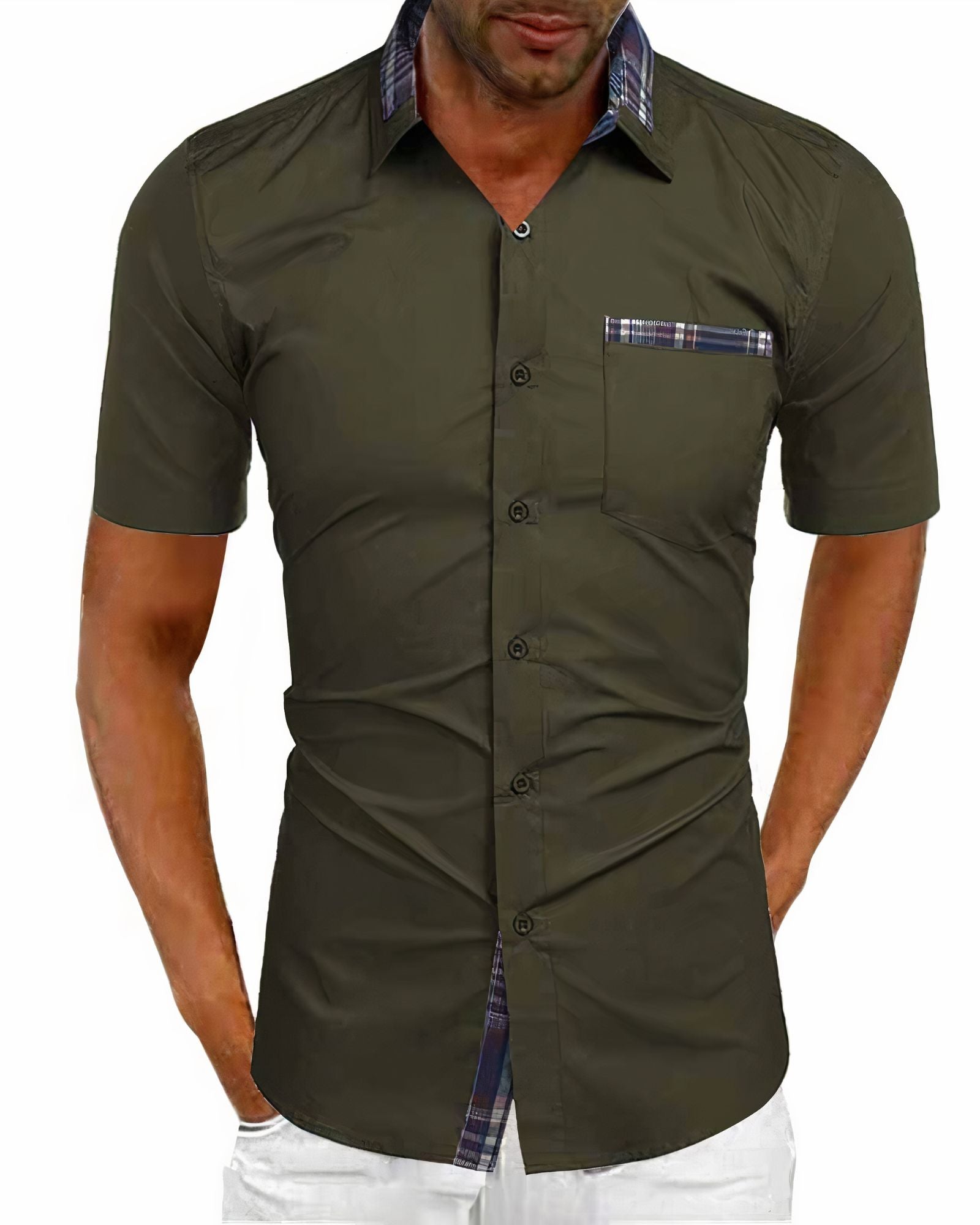 Men's Short Sleeve Shirt – Tartan Contrast, Slim Fit Smart Casual