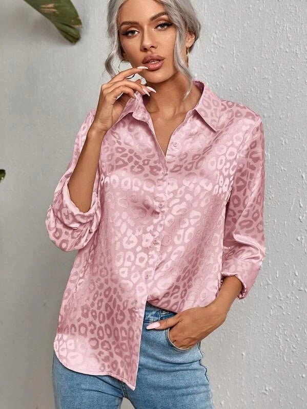 Womens Satin Blouse – Leopard Jacquard, Relaxed Fit Smart Casual