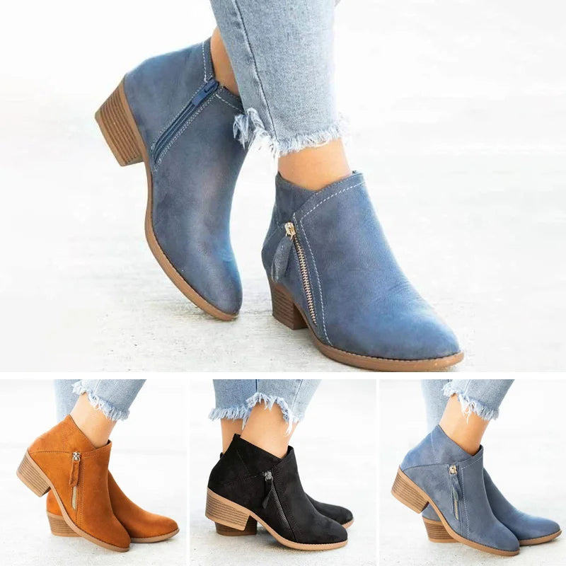 Women's Ankle Boots – Zip Detail, Low Block Heel Smart Casual Wear