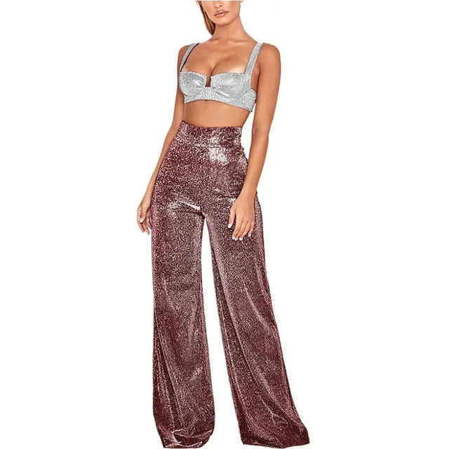 Women's Wide Leg Trousers – Sparkly, High Waisted Party Wear