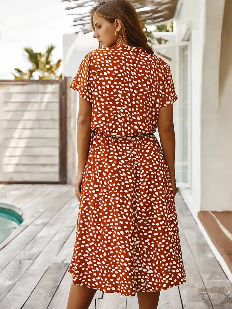 Women's Midi Shirt Dress – Spotty Print, Relaxed Fit Casual Day Dress