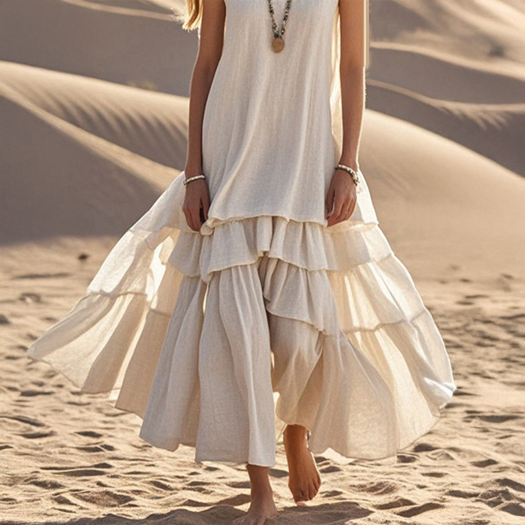 Sleeveless White Cotton Maxi Dress with Ruffled Hem – Summer Boho Style