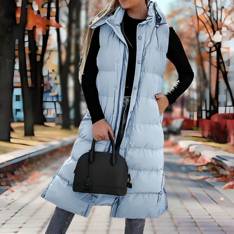 Quilted Long Puffer Vest – Hooded Sleeveless Jacket with Front Zip