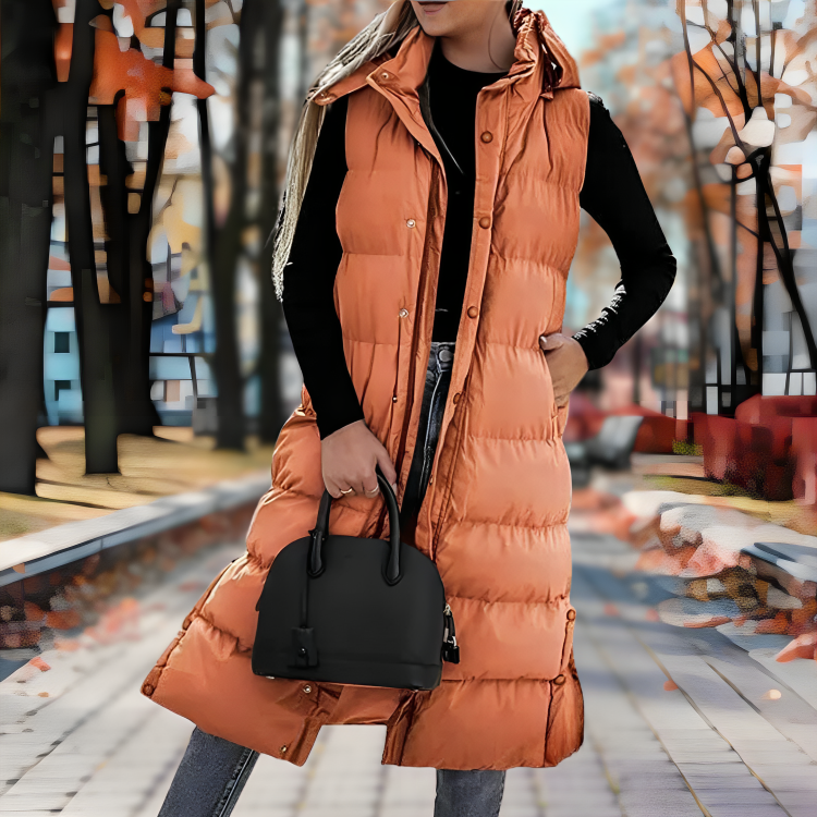 Quilted Long Puffer Vest – Hooded Sleeveless Jacket with Front Zip