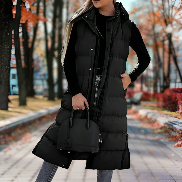 Quilted Long Puffer Vest – Hooded Sleeveless Jacket with Front Zip