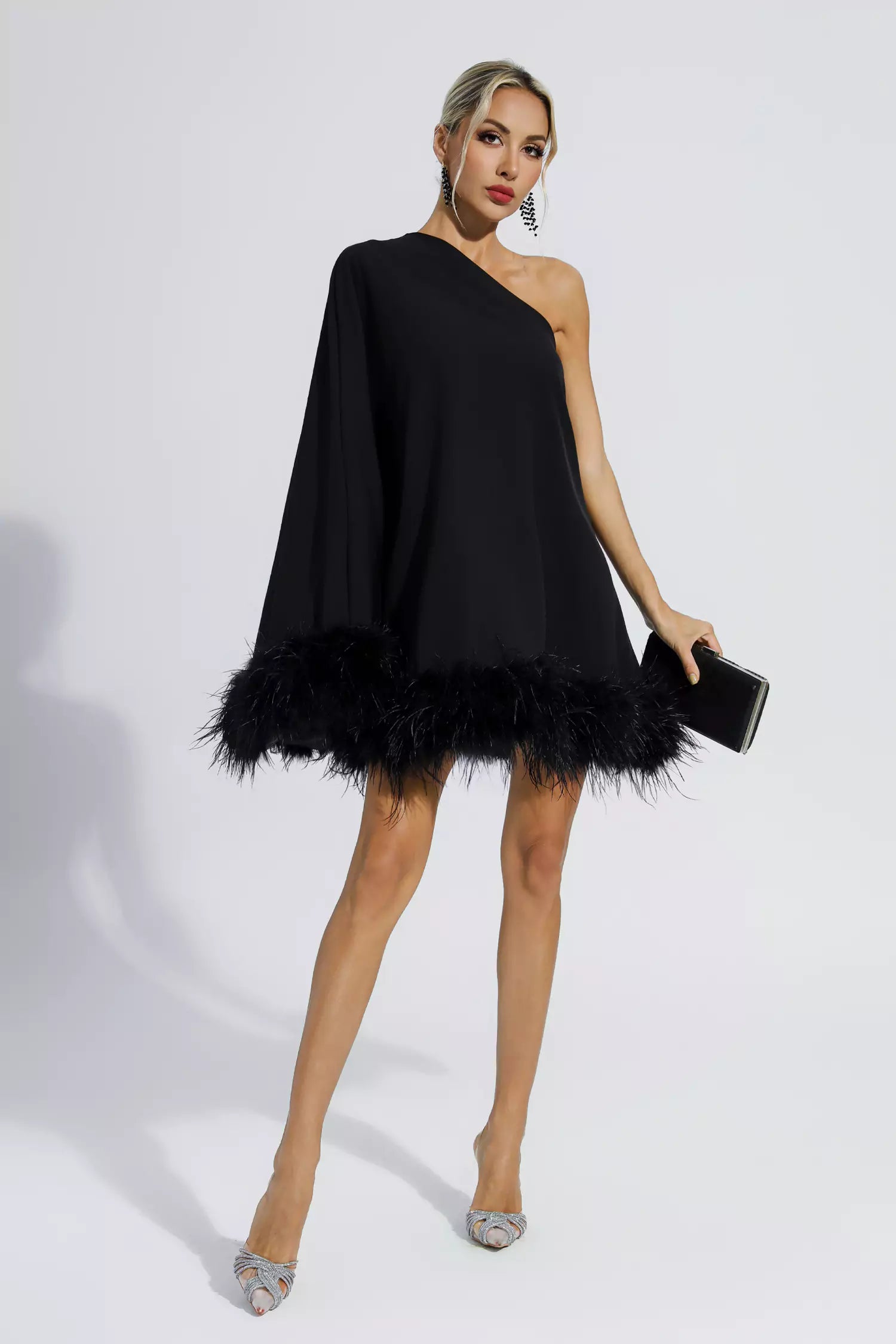 Women's Cape Dress – One Shoulder Feather Trim, Elegant Shift Occasion Wear