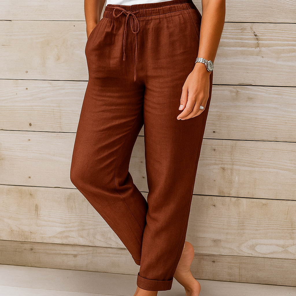 Women's Linen Trousers – Drawstring Waist, Relaxed Fit Casual Summer Wear