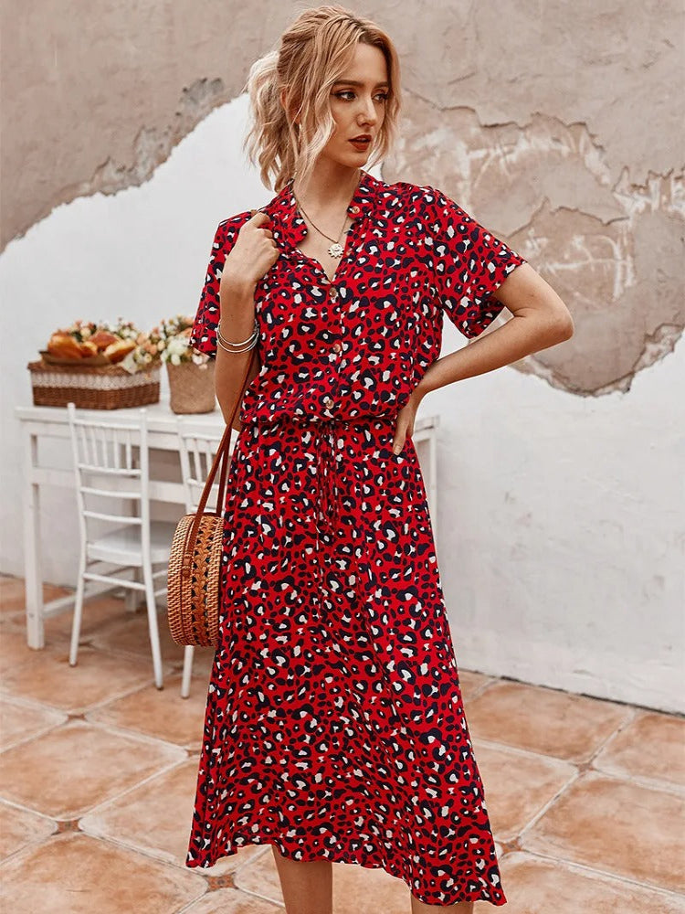 Women's Midi Shirt Dress – Spotty Print, Relaxed Fit Casual Day Dress