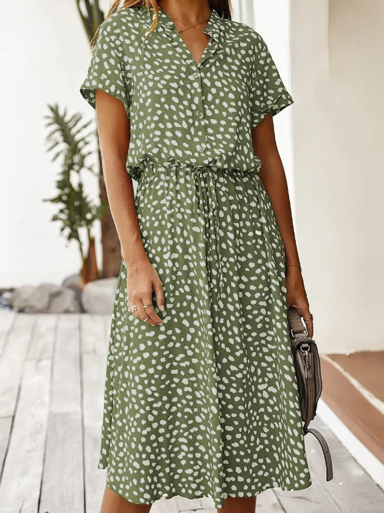 Women's Midi Shirt Dress – Spotty Print, Relaxed Fit Casual Day Dress