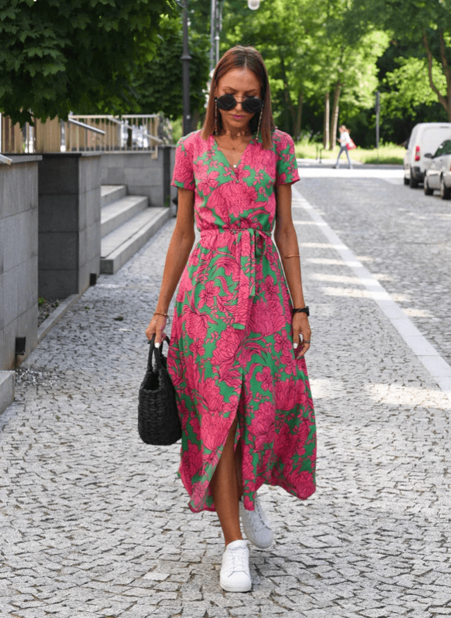 Boho Belted Midi Dress – V-Neck Slit Dress for Summer Casual Chic