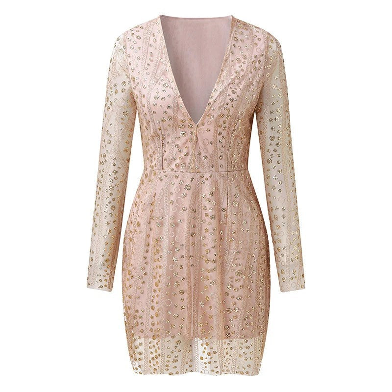Women's Sequin Mini Dress – Plunge Neck, Bodycon Party & Cocktail Dress
