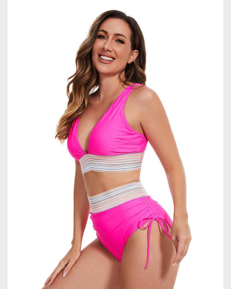 Women's High Waisted Bikini – Striped Halter Neck, Tummy Control Holiday Outfit
