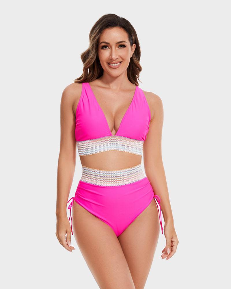 Women's High Waisted Bikini – Striped Halter Neck, Tummy Control Holiday Outfit