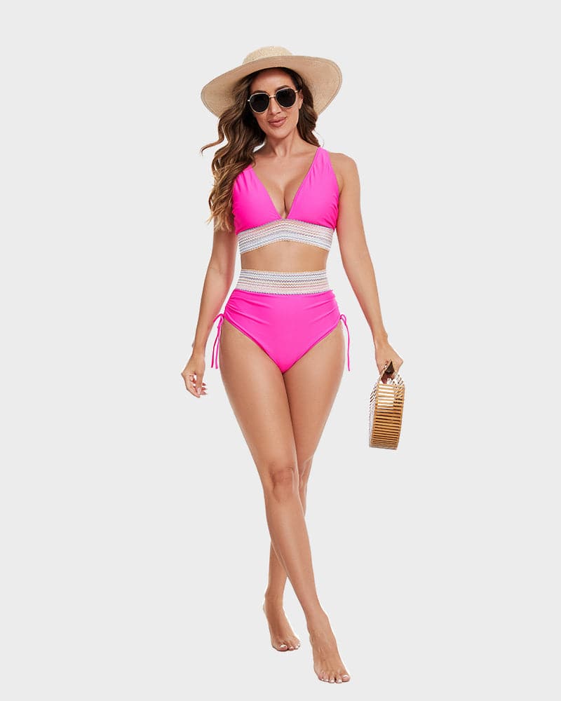 Women's High Waisted Bikini – Striped Halter Neck, Tummy Control Holiday Outfit