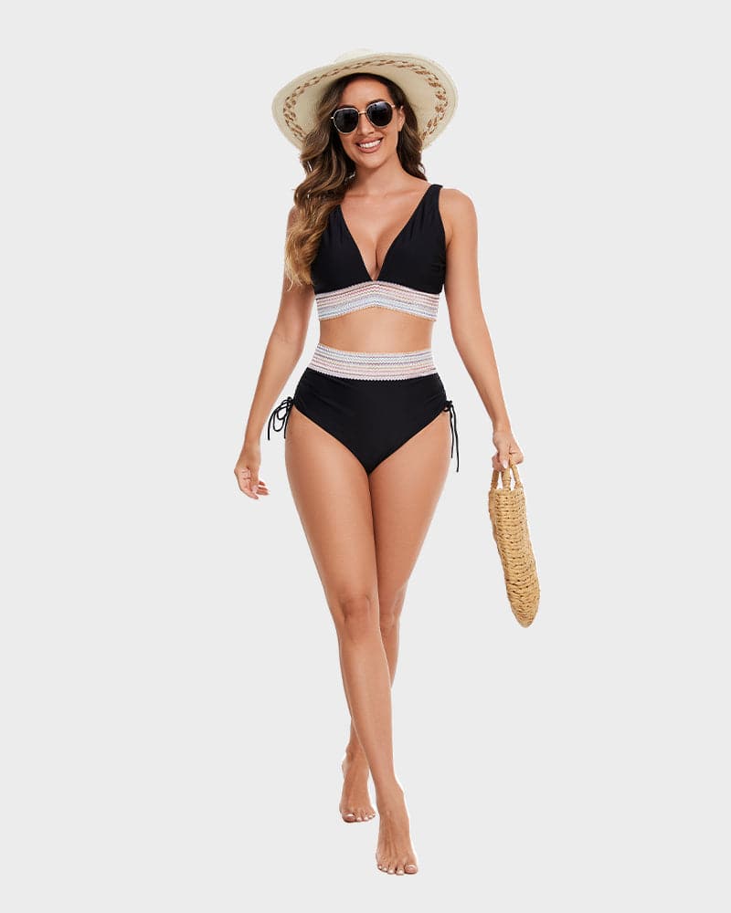 Women's High Waisted Bikini – Striped Halter Neck, Tummy Control Holiday Outfit