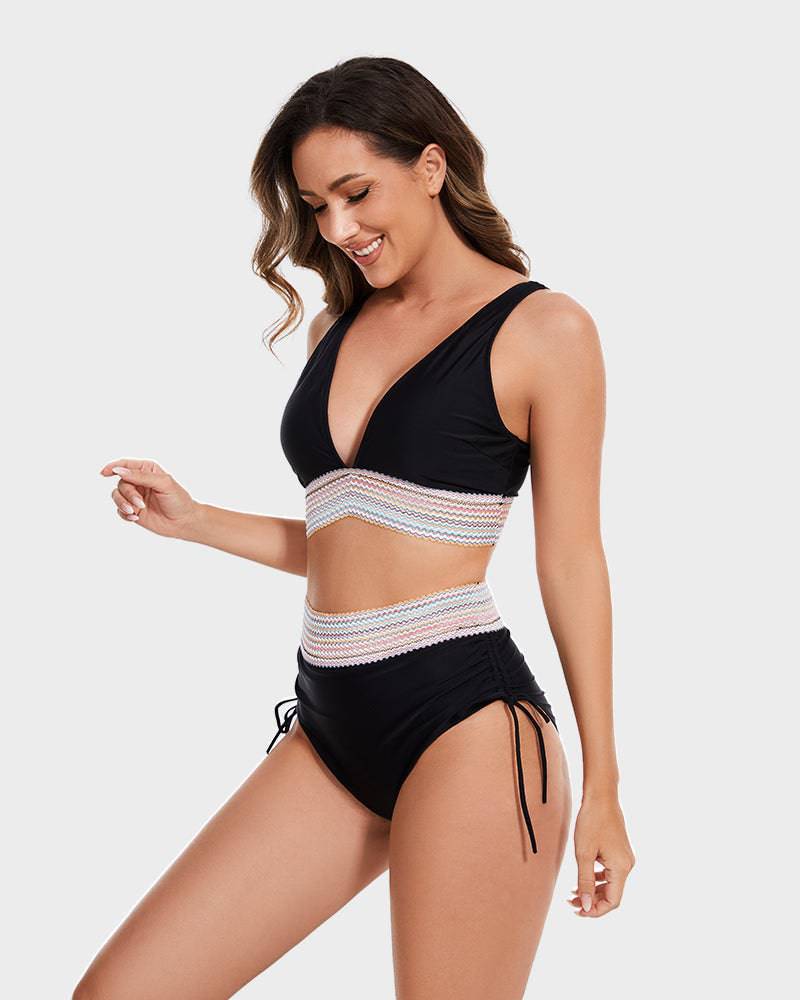 Women's High Waisted Bikini – Striped Halter Neck, Tummy Control Holiday Outfit