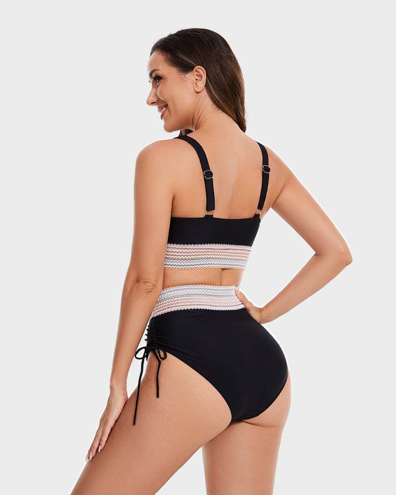Women's High Waisted Bikini – Striped Halter Neck, Tummy Control Holiday Outfit