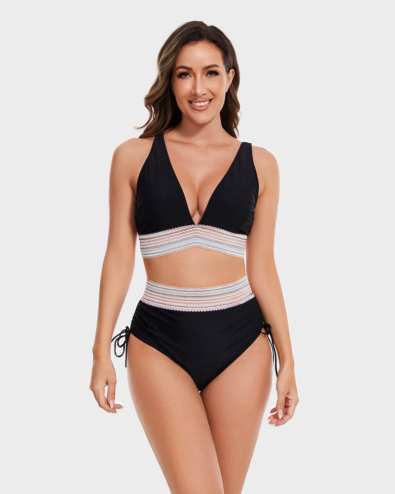Women's High Waisted Bikini – Striped Halter Neck, Tummy Control Holiday Outfit